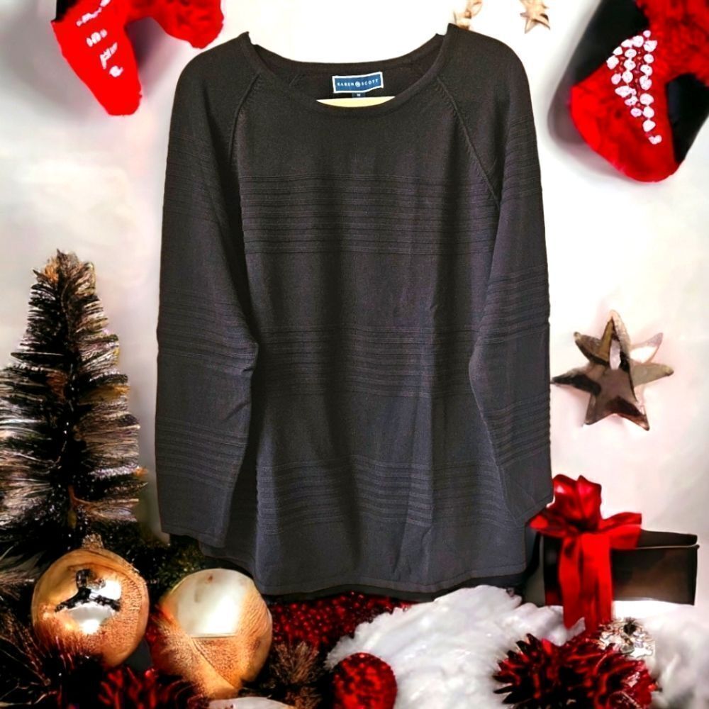 NEW KAREN SCOTT Plus Size Black Stripped Long Sleeve Sweater